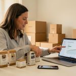 Une femme entrepreneur examine des produits de niche sur un bureau moderne, avec un ordinateur portable et un téléphone, dans une ambiance e-commerce professionnelle.