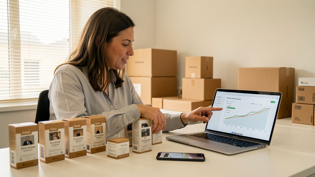Une femme entrepreneur examine des produits de niche sur un bureau moderne, avec un ordinateur portable et un téléphone, dans une ambiance e-commerce professionnelle.