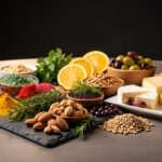 Sélection d’ingrédients colorés du monde disposés de façon élégante sur une table au style premium moderne, avec des épices, herbes, agrumes, olives et autres produits frais.
