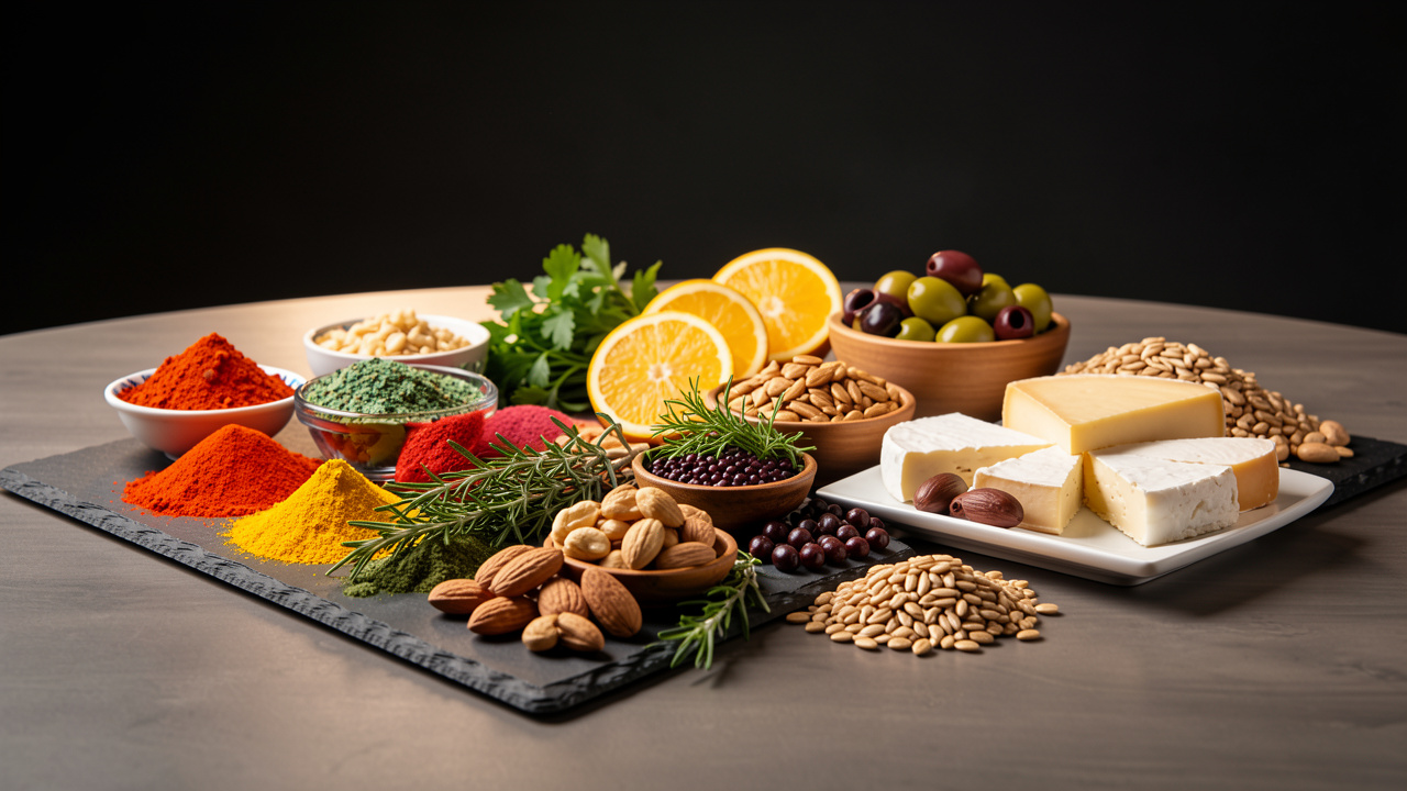 Sélection d’ingrédients colorés du monde disposés de façon élégante sur une table au style premium moderne, avec des épices, herbes, agrumes, olives et autres produits frais.