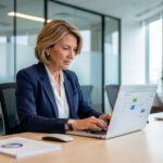Une dirigeante vérifie une démarche numérique sécurisée sur un ordinateur portable dans un bureau moderne et professionnel.