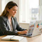 Une dirigeante de petite entreprise analyse des données marketing sur un ordinateur portable dans un bureau moderne et lumineux.