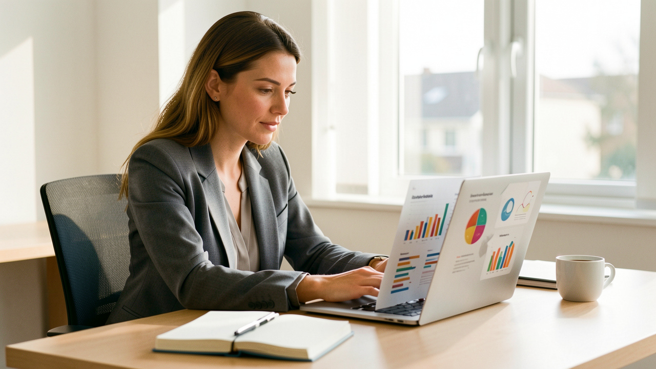 Une dirigeante de petite entreprise analyse des données marketing sur un ordinateur portable dans un bureau moderne et lumineux.