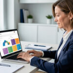 Une dirigeante de PME en blazer analyse un tableau de bord visuel d’email marketing sur un ordinateur portable, dans un bureau moderne et lumineux.
