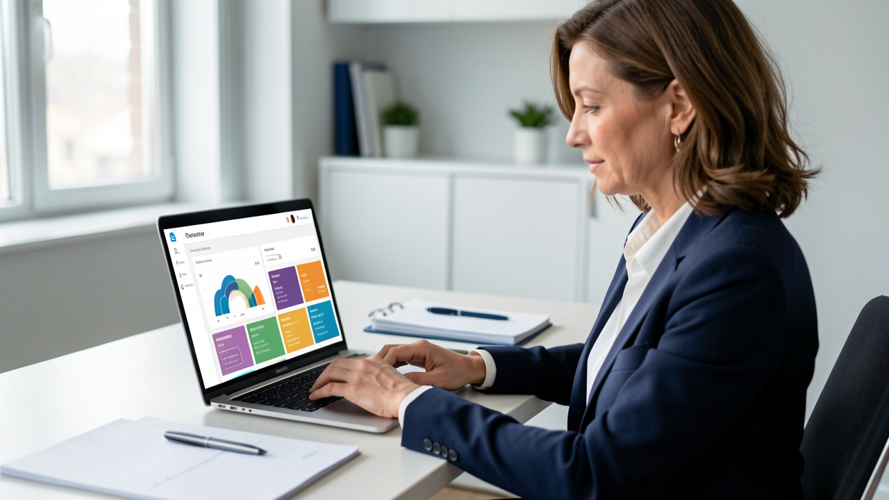 Une dirigeante de PME en blazer analyse un tableau de bord visuel d’email marketing sur un ordinateur portable, dans un bureau moderne et lumineux.