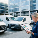 Une flotte de véhicules professionnels stationnée devant des bureaux modernes, avec une gestionnaire examinant des données de mobilité sur une tablette.
