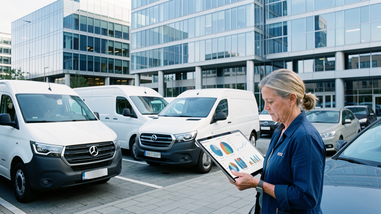 Une flotte de véhicules professionnels stationnée devant des bureaux modernes, avec une gestionnaire examinant des données de mobilité sur une tablette.
