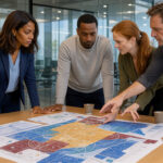 Une dirigeante de PME examine une carte visuelle des risques avec trois membres de son équipe dans un bureau moderne.