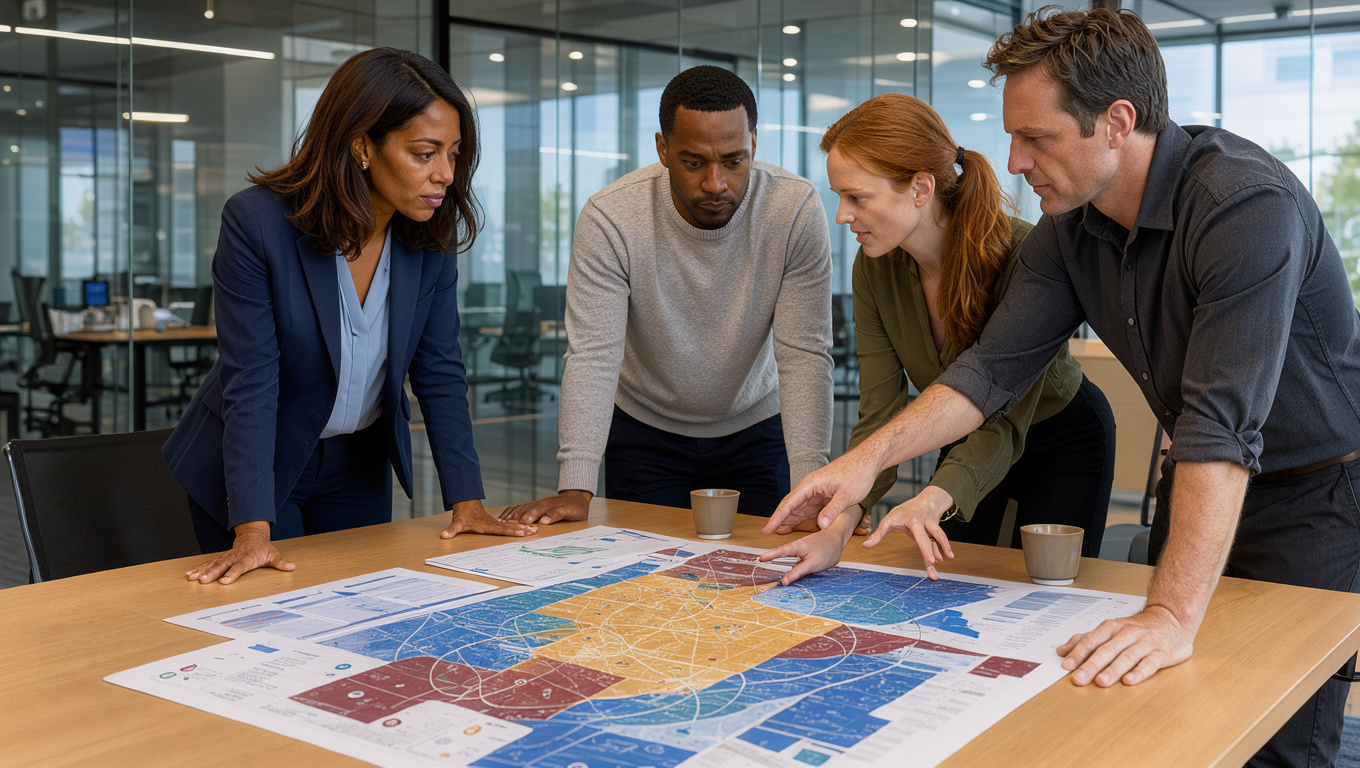 Une dirigeante de PME examine une carte visuelle des risques avec trois membres de son équipe dans un bureau moderne.