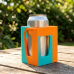 Porte-canette coloré imprimé en 3D avec une canette de bière posé sur une table de jardin ensoleillée.