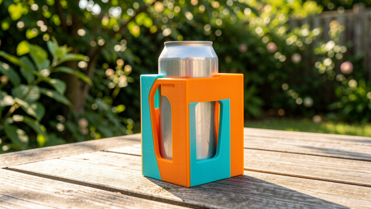 Porte-canette coloré imprimé en 3D avec une canette de bière posé sur une table de jardin ensoleillée.